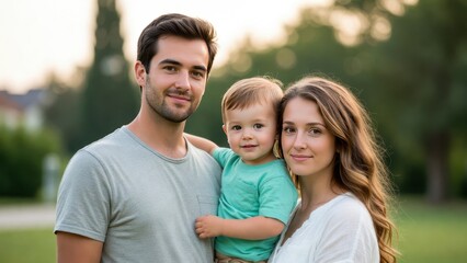 Fototapeta premium Smiling caucasian family: young parents with child outdoors.