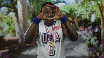 Naklejka premium Young african american man forming heart with hands while smiling and wearing usa jersey and gold medal in forest; pride celebration.