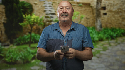 Fototapeta premium Senior hispanic man holding a smartphone and tapping with thumbs in a stone courtyard of a building, framed by palm and garden; concentration.