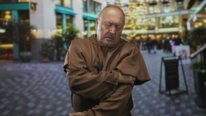 Obraz premium Man monk wearing cross necklace clutching his arm with a pained grimace on street; suffering solitude.