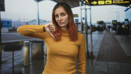 Fototapeta premium Woman redhead shows thumb down gesture and bare hand at airport terminal facing camera; disappointment travel delay.