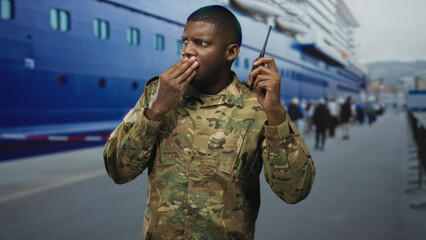 Fototapeta premium Soldier man covering mouth while holding walkie talkie at dock beside a cruise ship with passengers on the pier; duty concern.