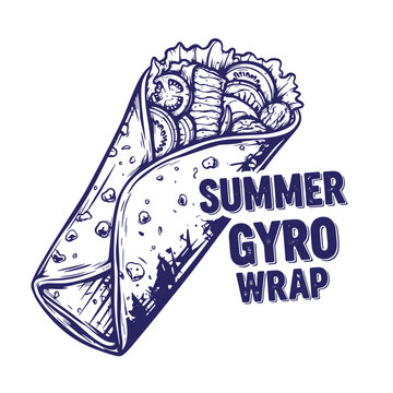 Grunge texture drawing of a summer gyro wrap with meat lettuce tomato and sauce on white background Vintage Style
