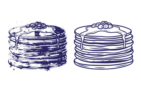 Grunge texture Two stacks of pancakes with syrup and blueberries on top in a sketch style Vintage Style