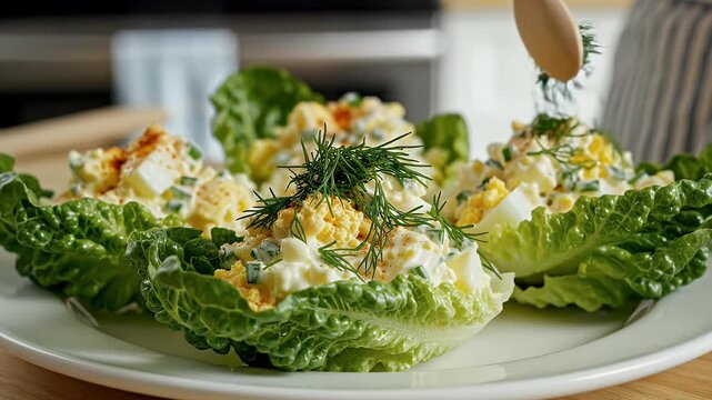 Close up of appetizer dishes with lettuce leaves and egg filling overhead shot