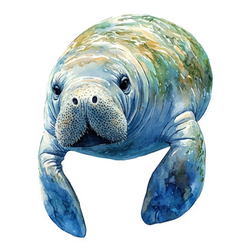 Manatee, illustration watercolor artwork with subtle gradients and elegant contours, isolated on a white background.
