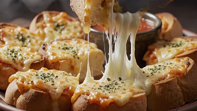 Close up of baked bread with melted cheese and dipping sauce