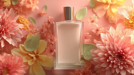 Luxury perfume bottle mockup without branding, pastel minimal background, cute vibrant floral accents