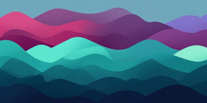 Overlapping layers of stylized organic shapes create an abstract landscape panorama