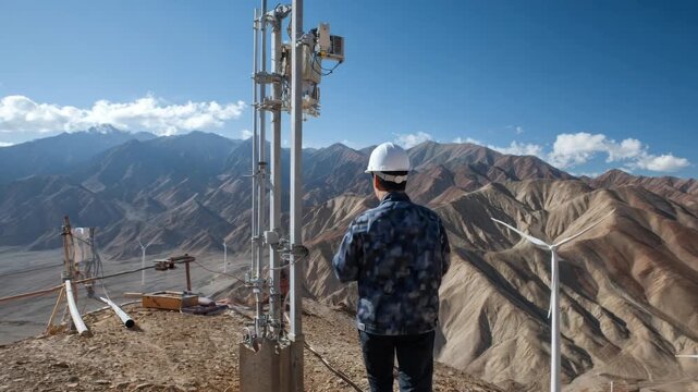 Specialist reviewing highaltitude wind load calculations in a remote mountainous location surrounded by rugged terrain and thin atmosphere.