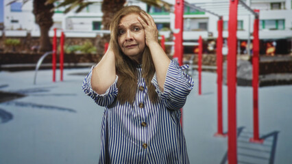 Fototapeta premium Woman holding hands to temples by red exercise bars on street near palm trees and white buildings; concern fatigue solitude.