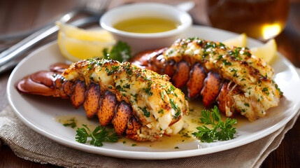 Two lobster tails baked with melted butter and herbs served with lemon