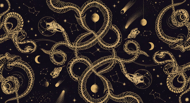 Detailed illustration showing snake skeleton, moon, constellation on dark background, representing astronomy, astrology, occult, mystery concept