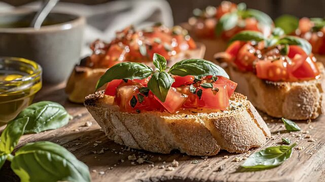 Close up of fresh bruschetta with tomatoes and basil on a wooden surface