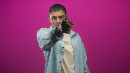 Obraz premium Man pointing hand toward camera in studio with pink backdrop and neutral expression; confidence assertiveness.