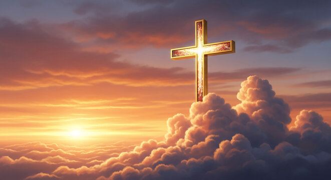 Golden cross stands atop fluffy cloud against colorful sunset sky, representing faith, spirituality, hope, and divine presence in peaceful natural scene