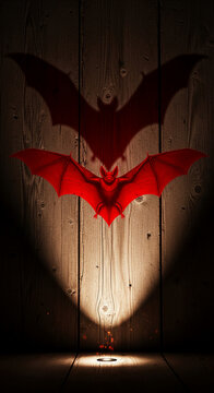 Red bat with spread wings on a wooden wall, casting a shadow. Representative of mystery, darkness, Halloween, and nocturnal themes