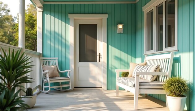 Coastal veranda with white furniture and aqua walls. Rocking chair and bench with pillows sit under bright sunlit porch roof. Back door entrance is central.