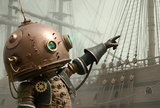 Un retrato de un personaje steampunk con un casco de bronce frente a un barco de vela.