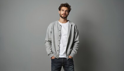 Fototapeta premium Man wears grey button up sweatshirt over white t-shirt and dark jeans. Confident pose with hands in pockets, relaxed fit. Style for casual everyday wear, urban fashion look.