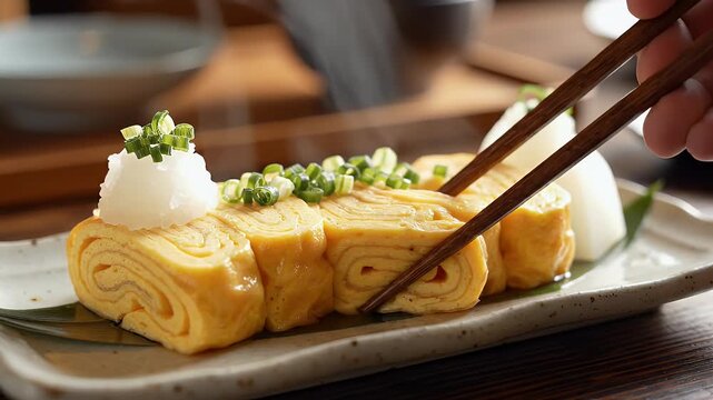 Close up of rolled egg omelet dish garnished with fresh ingredients