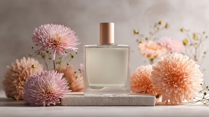 Studio perfume mockup with blank bottle, neutral minimal background, soft vibrant floral decoration 