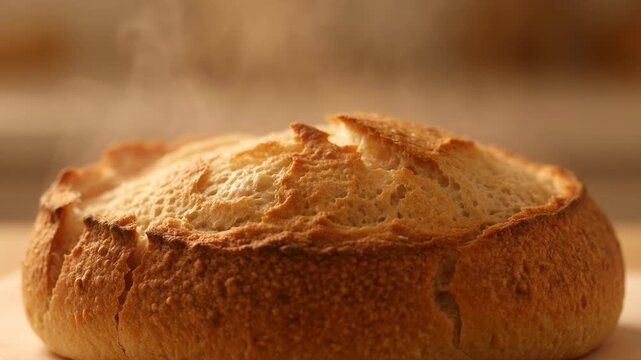 Steaming, freshly baked loaf of bread with golden, crispy crust macro shot