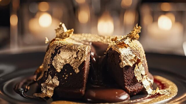 Gourmet chocolate cake with gold leaf decoration on silver plate