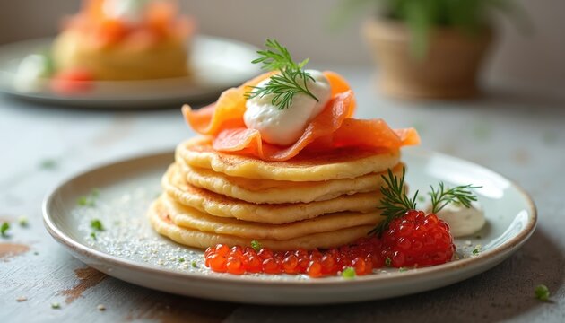 Stack of golden blini pancakes topped with smoked salmon, sour cream, and fresh dill. Served with red caviar, a luxurious Russian dish. Garnished with herbs for a gourmet meal.