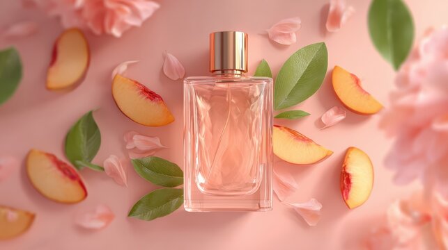 Luxury perfume mockup, pastel background, peach slices and leaves as decoration, elegant commercial style