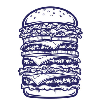 Grunge texture blue illustration of a giant hamburger with multiple layers of meat cheese and lettuce Vintage Style