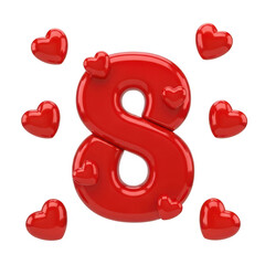 Red number 8 with hearts isolated on transparent background