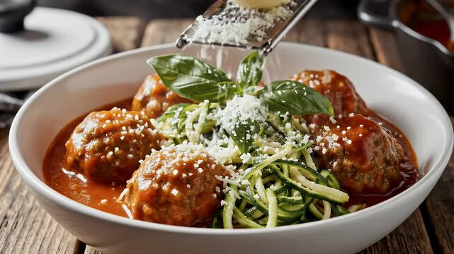 Meatballs in tomato sauce with zucchini noodles and fresh basil