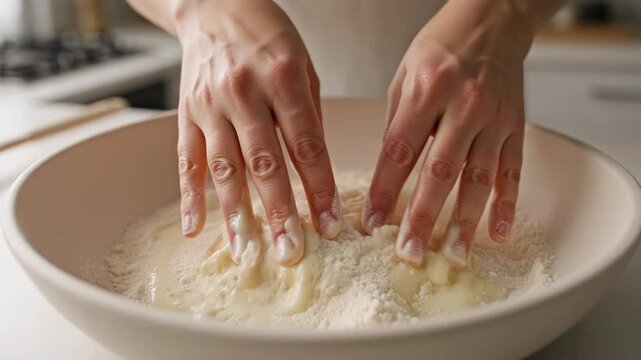 Close up of hands kneading dough in a large white bowl