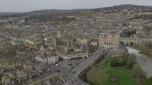 Establishing aerial view of Bath, beautiful city in Somerset, England, United Kingdom