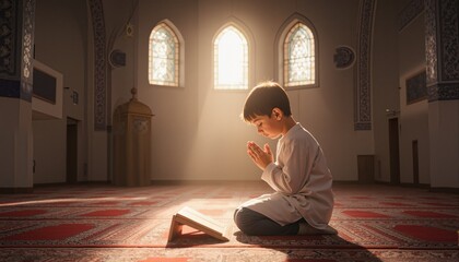 Fototapeta premium Boy praying in a mosque with sunlight. 