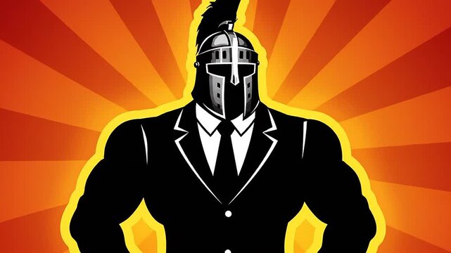 Futuristic business warrior in suit with glowing yellow armor standing confidently on orange gradient background