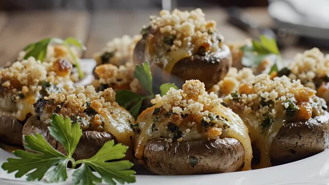 Stuffed mushrooms with breadcrumbs and herbs displayed on a white plate