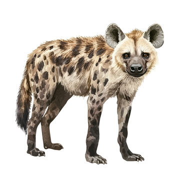Hyena, illustration watercolor with playful splashes and delicate line details, isolated on a white background.