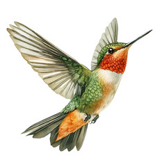 Obraz premium Hummingbird, watercolor with intricate brush textures and gentle highlights, isolated on a white background.