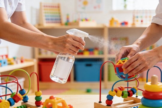 Workers' hands disinfecting colorful children's toys with a clear spray bottle in a daycare center.