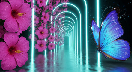 Fototapeta premium Image of vibrant pink hibiscus, blue butterfly, neon arches, and a reflective surface, representing beauty, technology, nature, and immersive experience