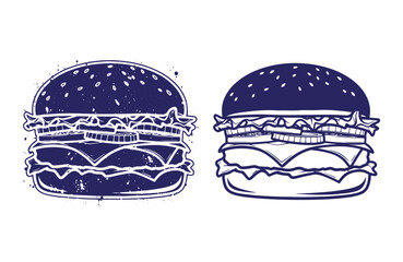 Fototapeta premium Grunge texture Two blue illustrations of hamburgers with sesame seed buns and lettuce on white background Vintage Style