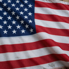 charcoal drawing, "close-up of weathered american flag with red and white stripes and blue field featuring white stars