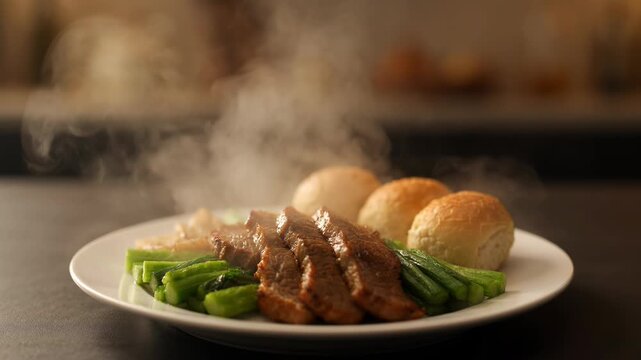A mouthwatering plate of freshly sliced roast beef, greens and rolls with steam