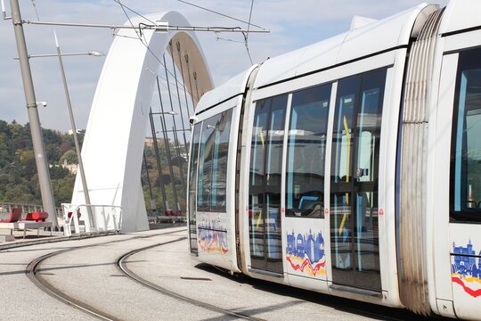 Lyon, France - October 14, 2014: Tramway on a bridge near Confluence in Lyon, France