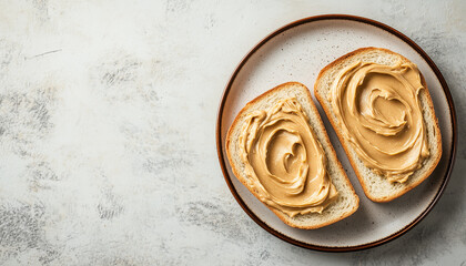 Peanut butter sandwiches on ceramic plate. Sliced bread with beautifully curved nuts spread. Top view of healthy protein breakfast or snack. Vegetarian lunch. Copy space. Dark grey background.