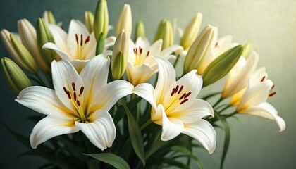 Fototapeta premium Close up macro view of white lilies with yellow centers and dark red stamens. Buds and full blooms create a rich bouquet arrangement with green leaves. Soft light illuminates delicate petals.