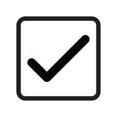 Black check box icon vector. Rounded square button with tick mark. Symbol of success, approval, voting, verification and completed task. Bold line graphic element for web UI and app interface.