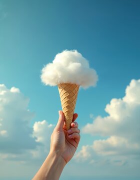 Hand holds ice cream cone topped with fluffy cloud against bright blue sky. Represents imagination creativity and surreal concepts. A sweet dreamlike treat.